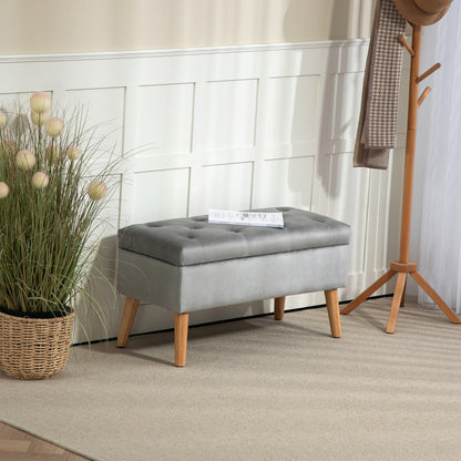 Storage Bench with Padded Seat, Ottoman with Lid, Bed Bench with Velvet Look, for Hallway Bedroom Living Room, Rubberwood 80 x 35 x 40 cm Gray
