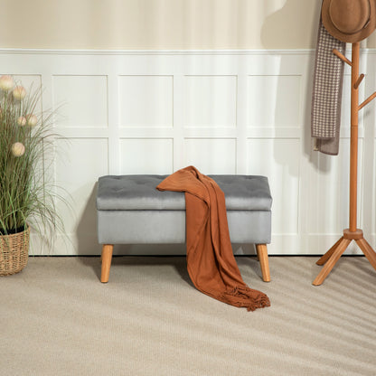 Storage Bench with Padded Seat, Ottoman with Lid, Bed Bench with Velvet Look, for Hallway Bedroom Living Room, Rubberwood 80 x 35 x 40 cm Gray