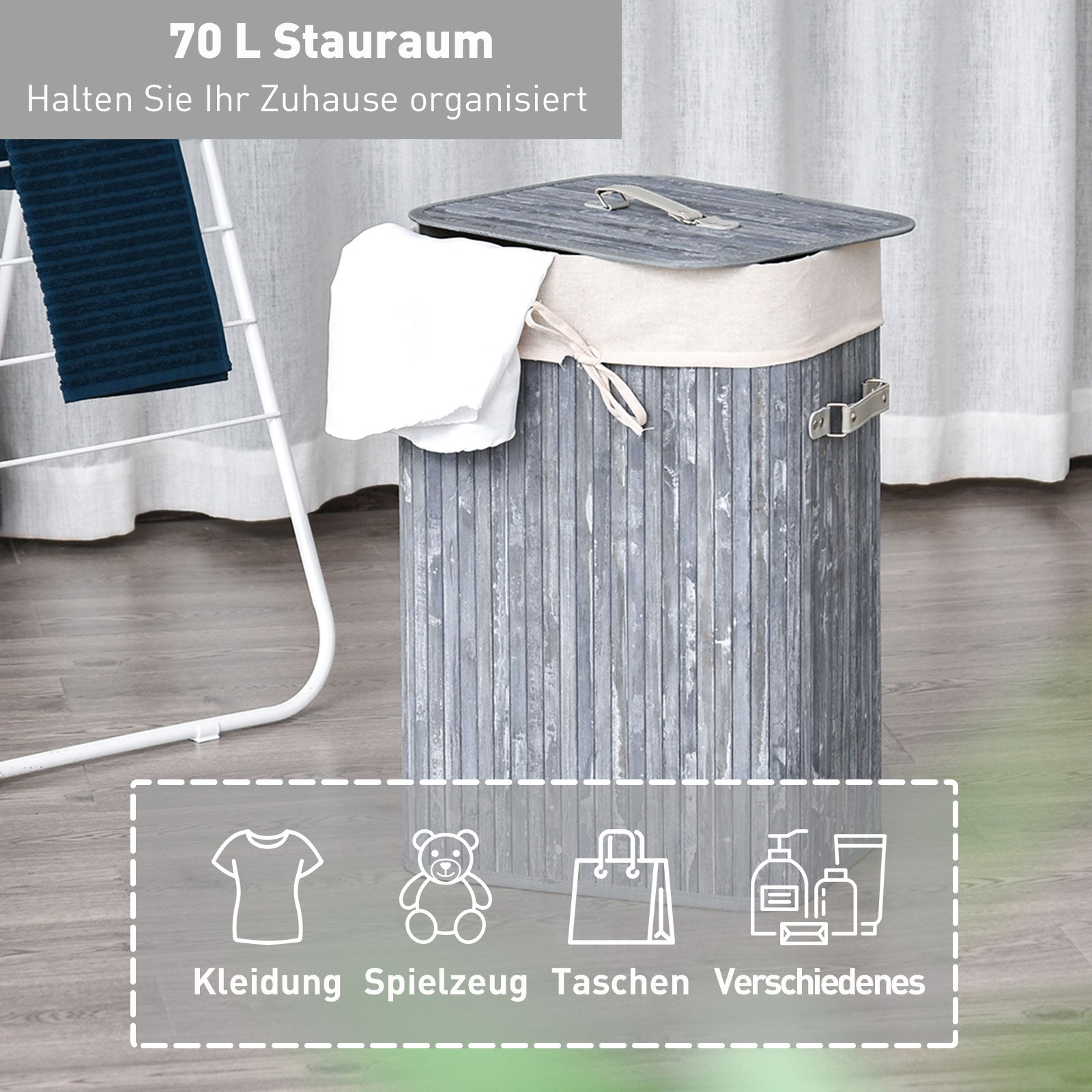 Narrow Laundry Basket with Lid 72L Laundry Collector with Handle, Removable Laundry Bag, Laundry Box for Laundry Room Bedroom Bathroom, Gray