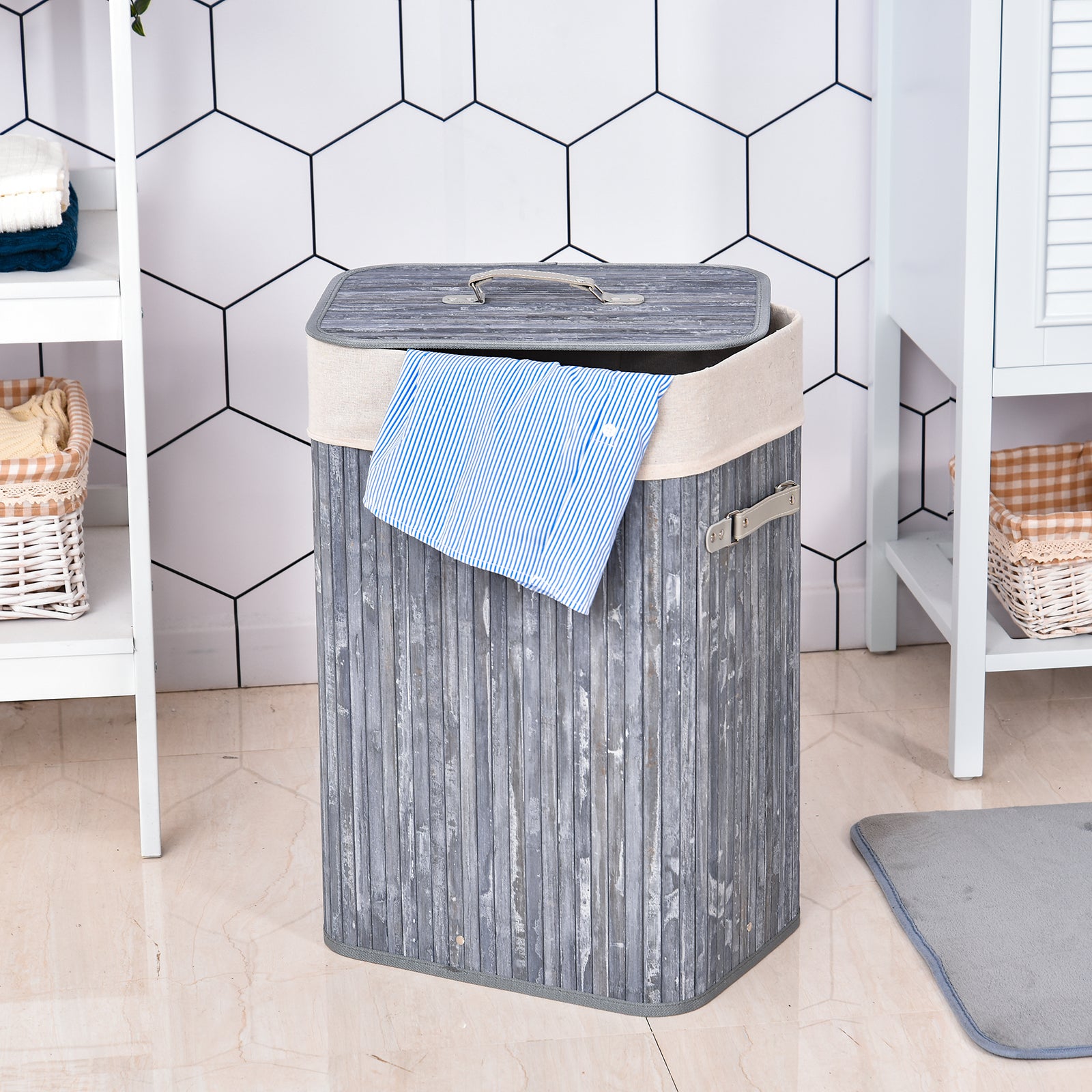 Narrow Laundry Basket with Lid 72L Laundry Collector with Handle, Removable Laundry Bag, Laundry Box for Laundry Room Bedroom Bathroom, Gray