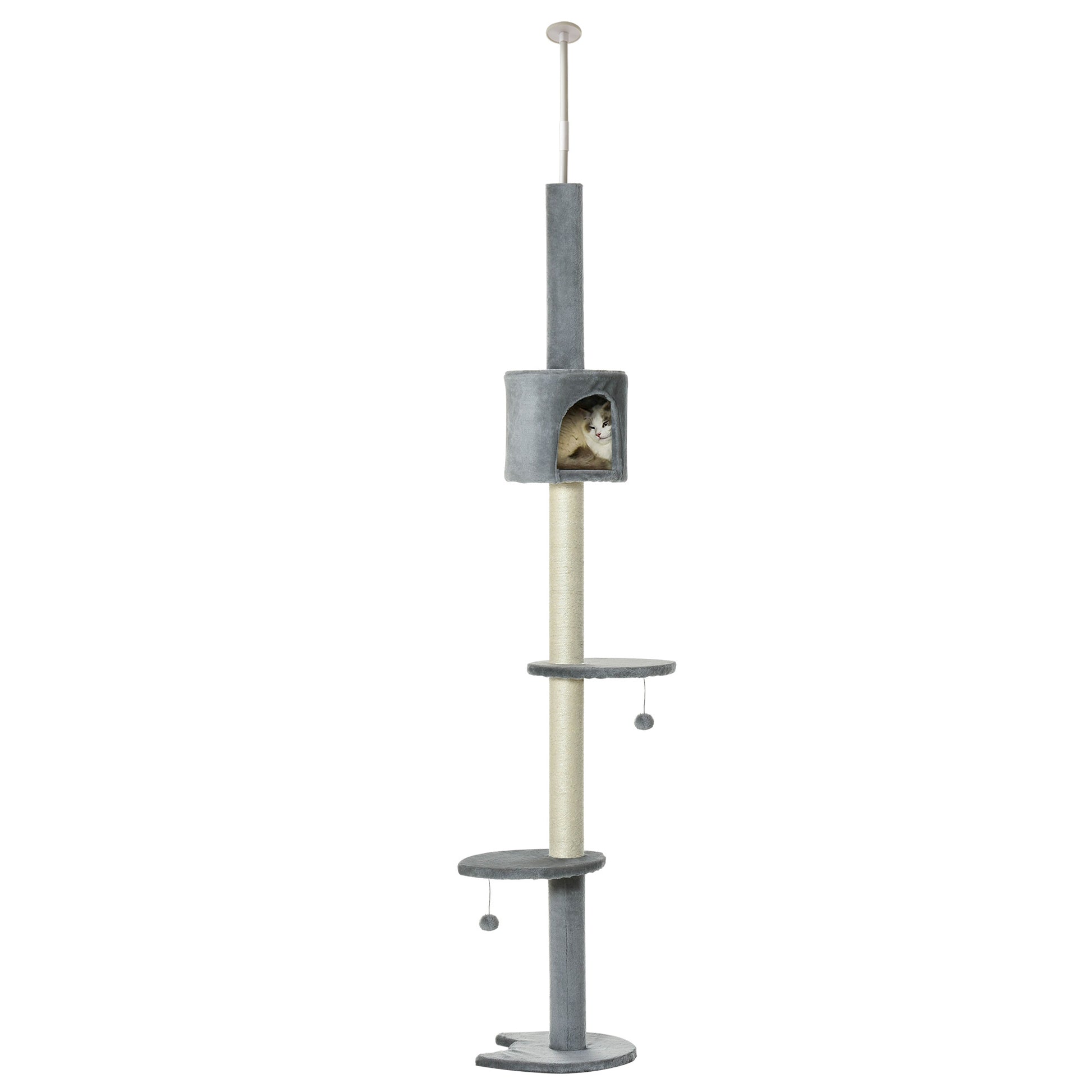 Cat Scratching Tree Scratcher to Fix to Ceiling Height 217 cm with Platforms Cave Sisal Posts Hanging Balls Light Gray