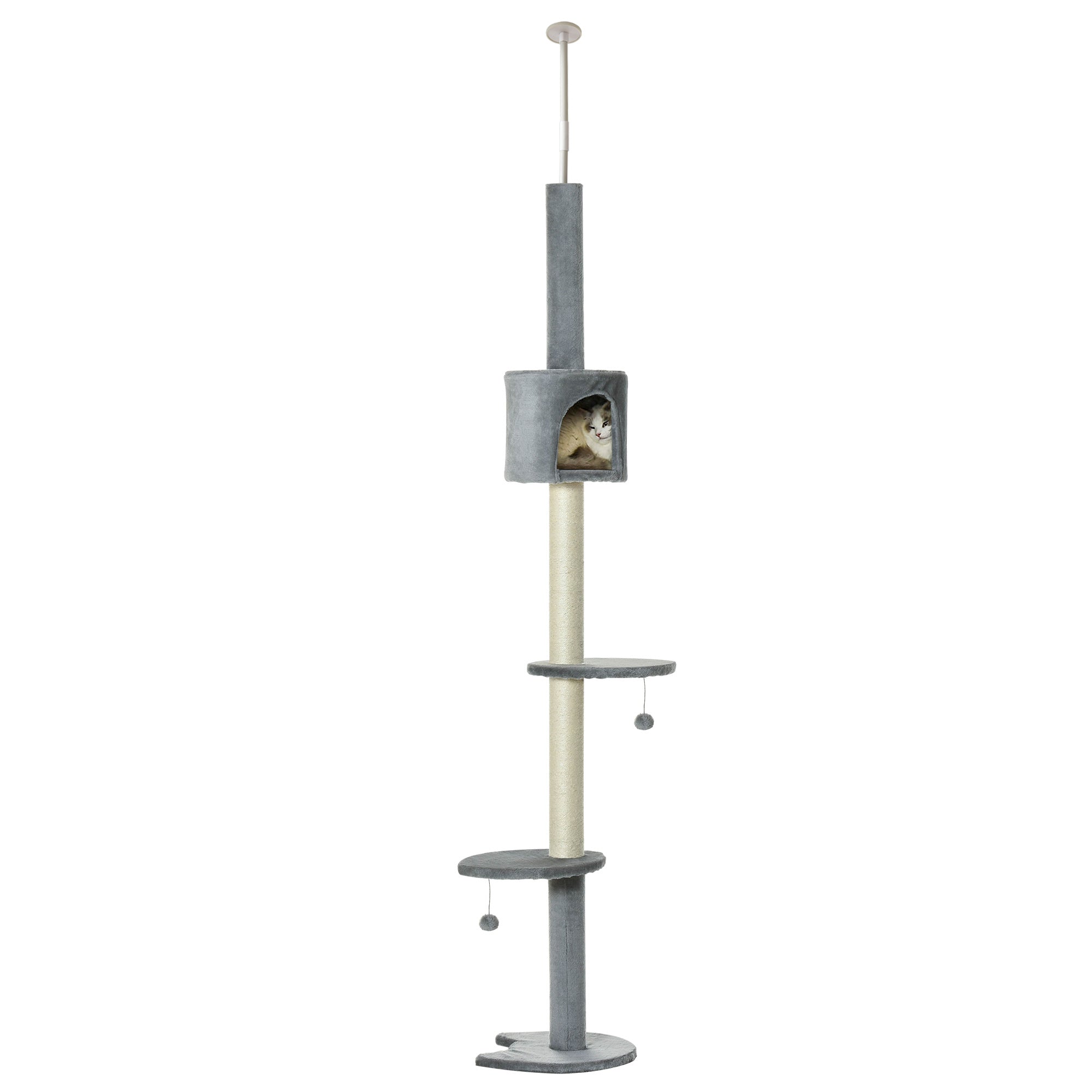 Cat Scratching Tree Scratcher to Fix to Ceiling Height 217 cm with Platforms Cave Sisal Posts Hanging Balls Light Gray