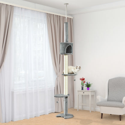 Cat Scratching Tree Scratcher to Fix to Ceiling Height 217 cm with Platforms Cave Sisal Posts Hanging Balls Light Gray