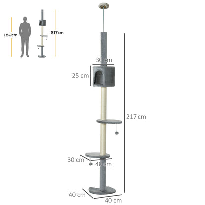 Cat Scratching Tree Scratcher to Fix to Ceiling Height 217 cm with Platforms Cave Sisal Posts Hanging Balls Light Gray