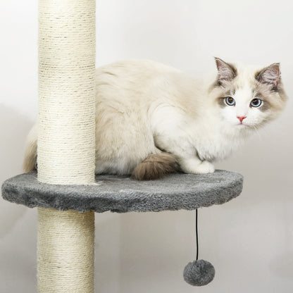 Cat Scratching Tree Scratcher to Fix to Ceiling Height 217 cm with Platforms Cave Sisal Posts Hanging Balls Light Gray