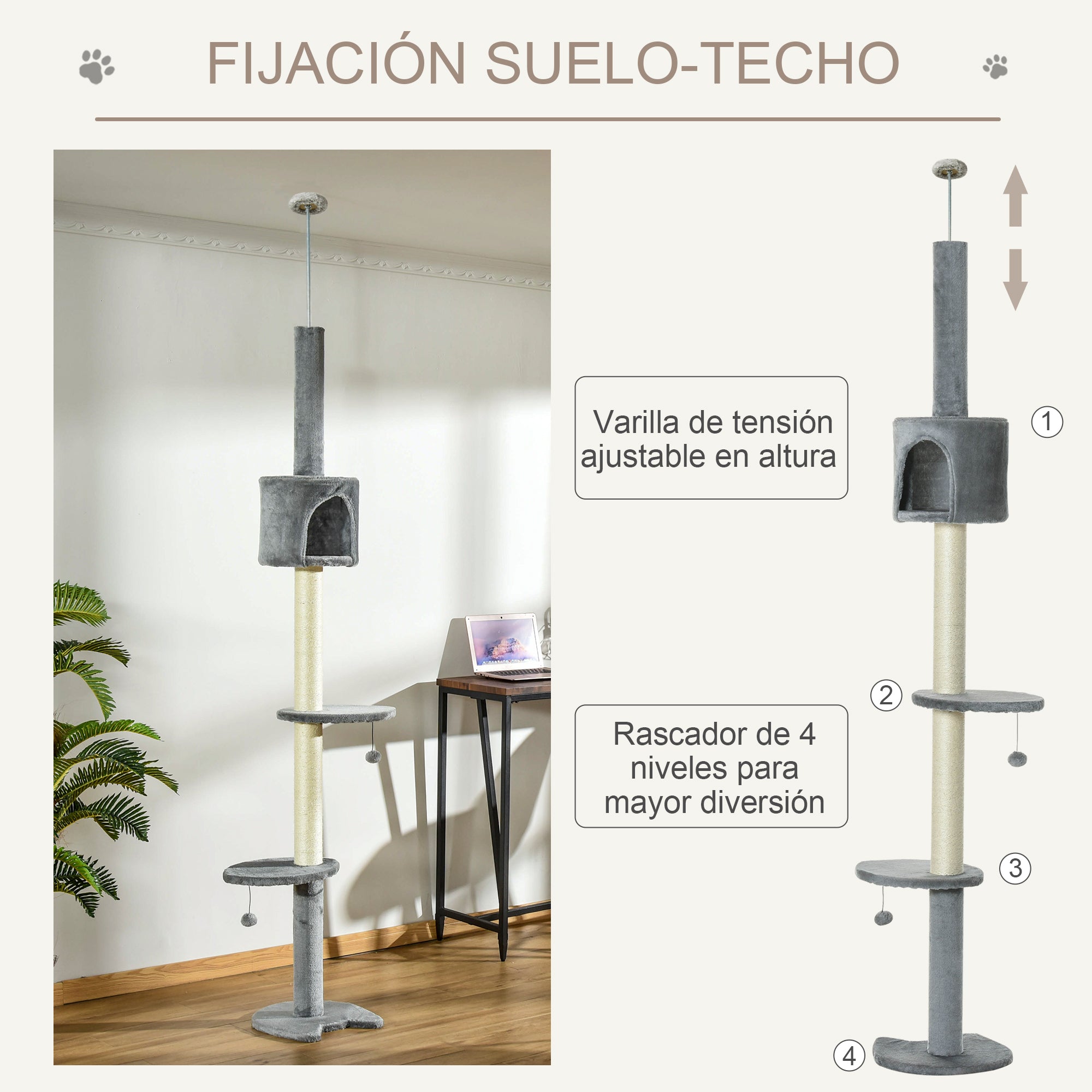 Cat Scratching Tree Scratcher to Fix to Ceiling Height 217 cm with Platforms Cave Sisal Posts Hanging Balls Light Gray
