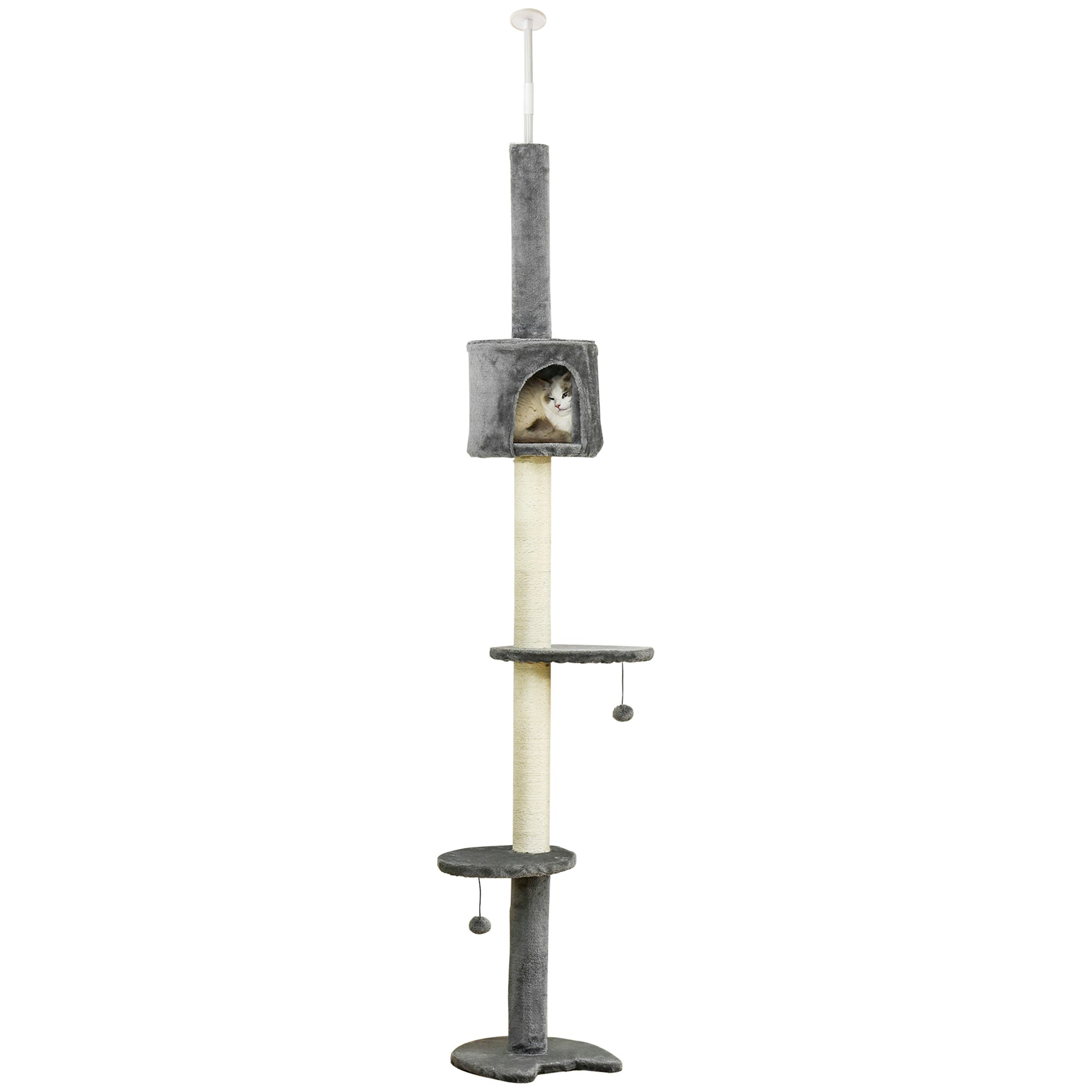 Cat Scratching Tree Scratcher to Fix to Ceiling Height 217 cm with Platforms Cave Sisal Posts Hanging Balls Light Gray