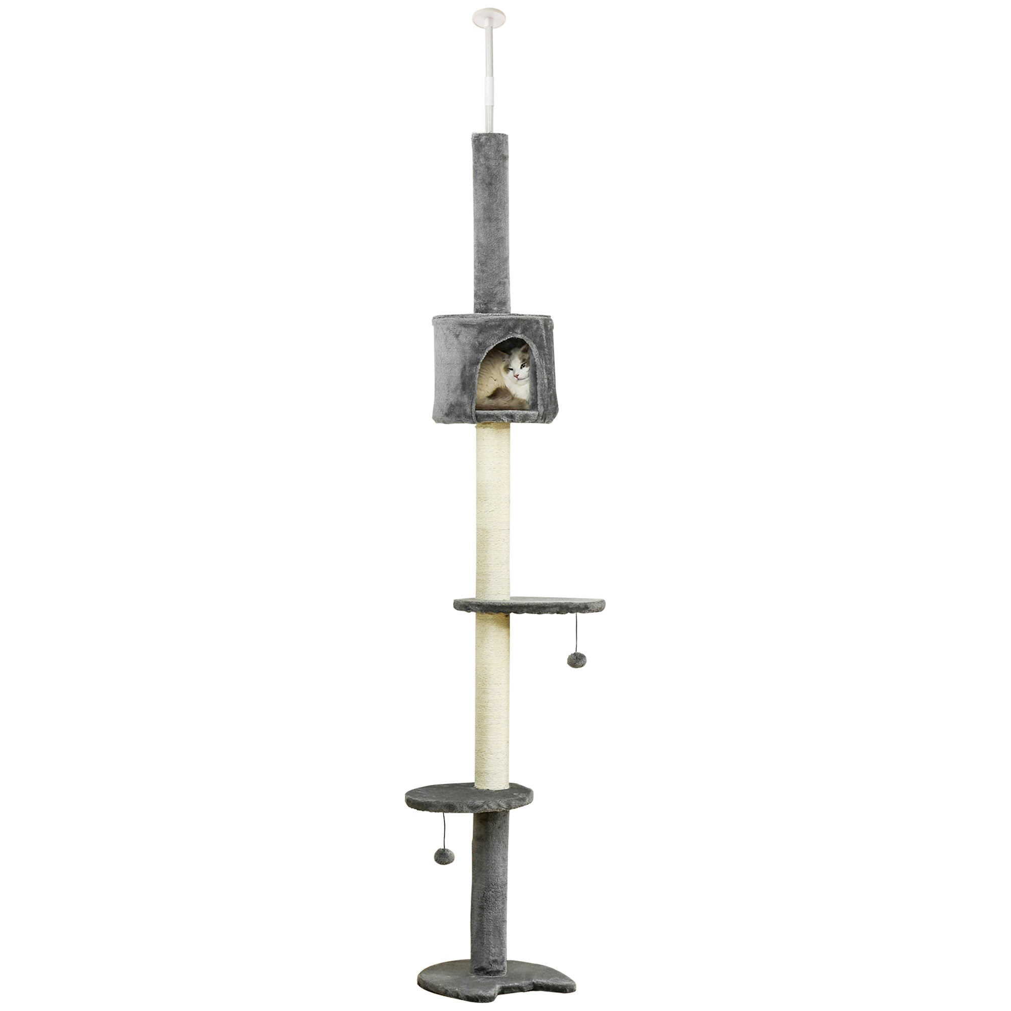 Cat Scratching Tree Scratcher to Fix to Ceiling Height 217 cm with Platforms Cave Sisal Posts Hanging Balls Light Gray