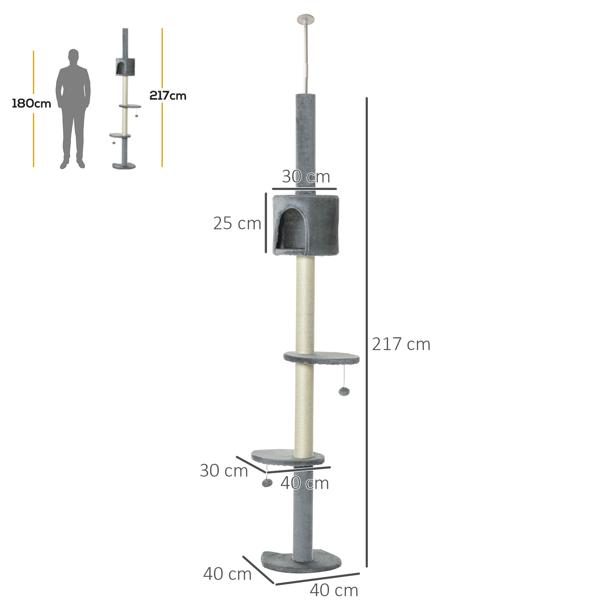 Cat Scratching Tree Scratcher to Fix to Ceiling Height 217 cm with Platforms Cave Sisal Posts Hanging Balls Light Gray