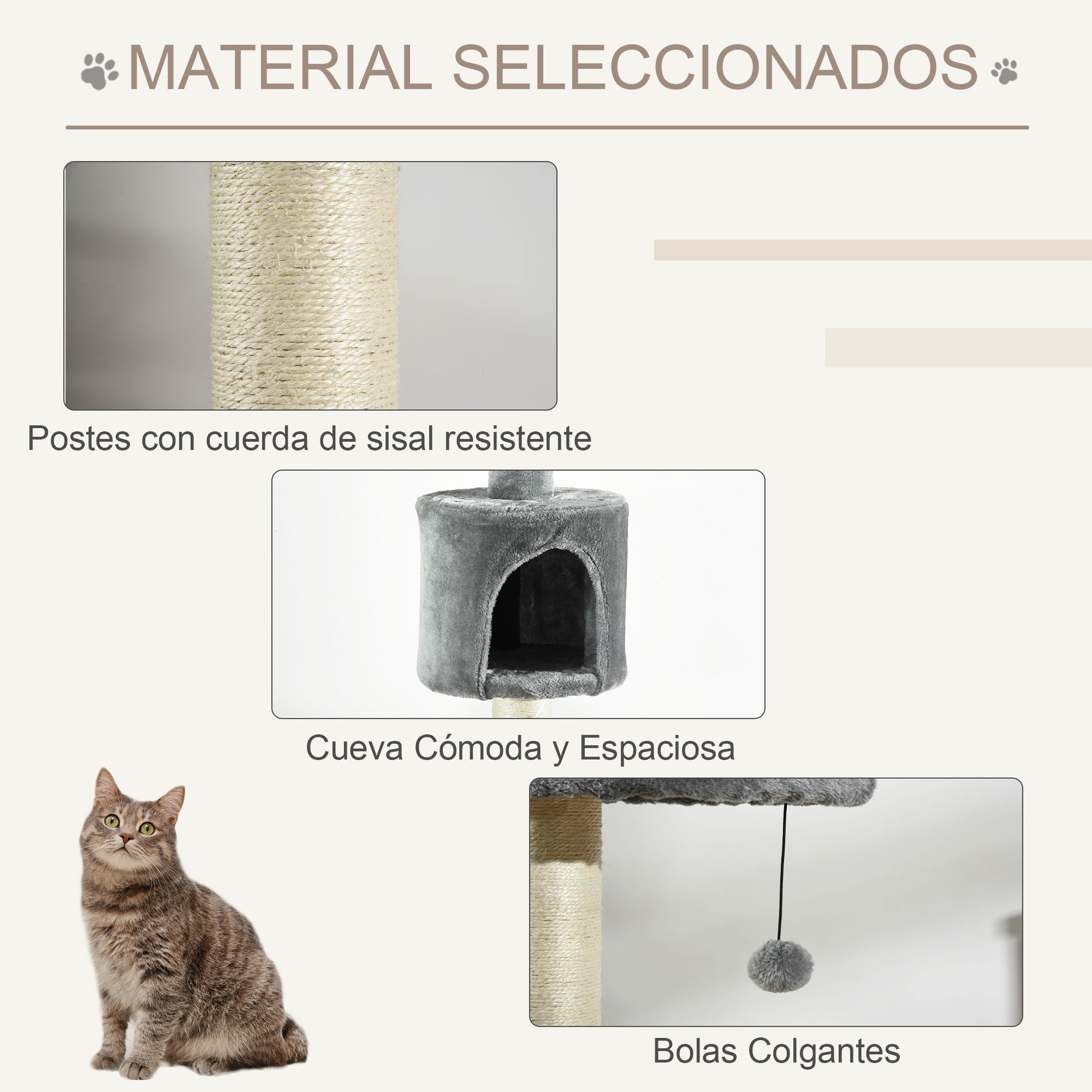 Cat Scratching Tree Scratcher to Fix to Ceiling Height 217 cm with Platforms Cave Sisal Posts Hanging Balls Light Gray