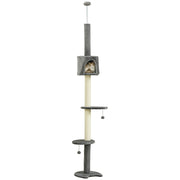 Cat Scratching Tree Scratcher to Fix to Ceiling Height 217 cm with Platforms Cave Sisal Posts Hanging Balls Light Gray