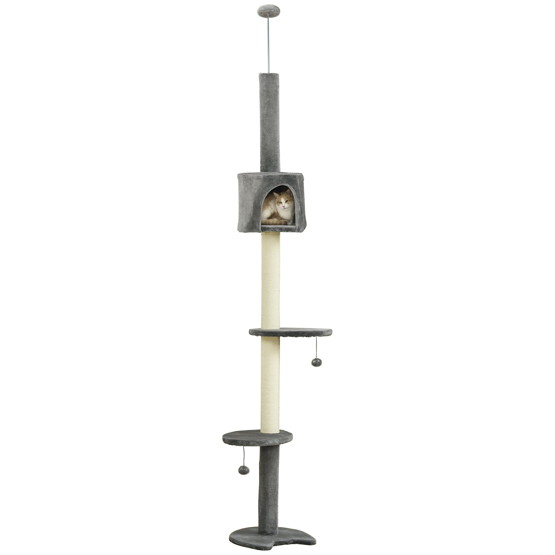 Cat Scratching Tree Scratcher to Fix to Ceiling Height 217 cm with Platforms Cave Sisal Posts Hanging Balls Light Gray