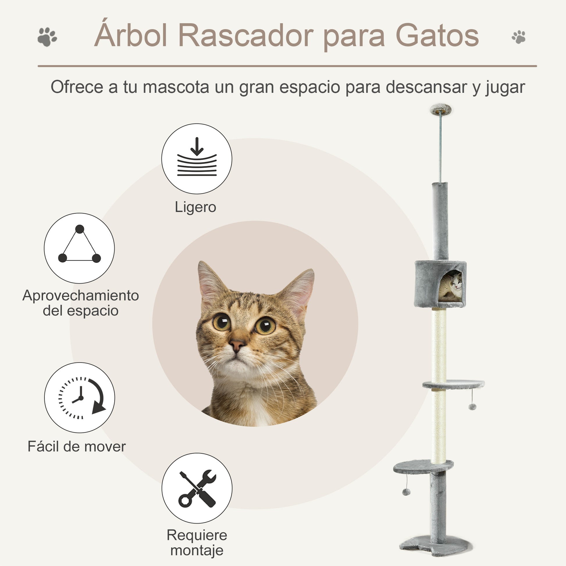 Cat Scratching Tree Scratcher to Fix to Ceiling Height 217 cm with Platforms Cave Sisal Posts Hanging Balls Light Gray