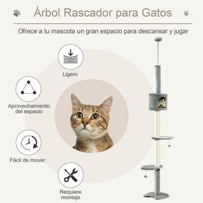Cat Scratching Tree Scratcher to Fix to Ceiling Height 217 cm with Platforms Cave Sisal Posts Hanging Balls Light Gray
