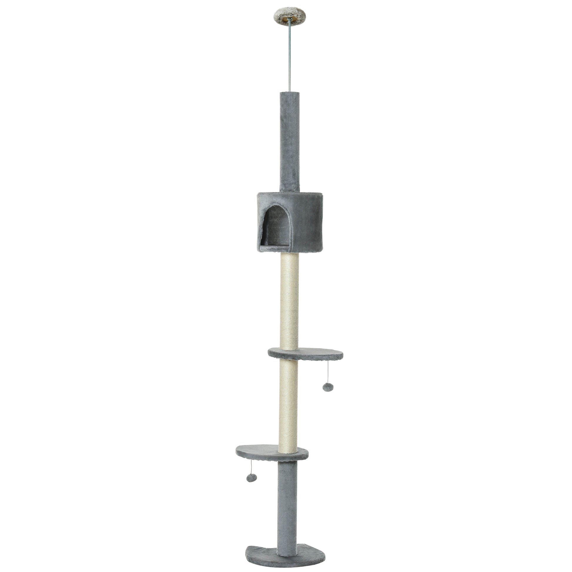 Cat Scratching Tree Scratcher to Fix to Ceiling Height 217 cm with Platforms Cave Sisal Posts Hanging Balls Light Gray