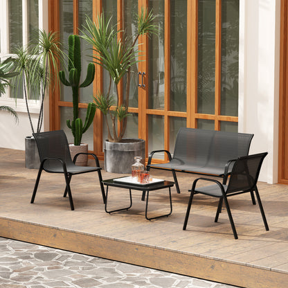 4-Piece Outdoor Garden Set with 2 Stackable Chairs, 2-Seater Sofa, and Coffee Table with Black Tempered Glass Top