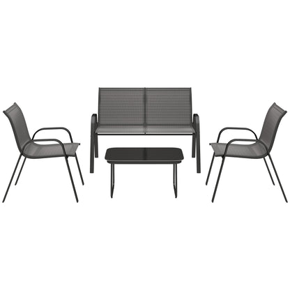 4-Piece Outdoor Garden Set with 2 Stackable Chairs, 2-Seater Sofa, and Coffee Table with Black Tempered Glass Top