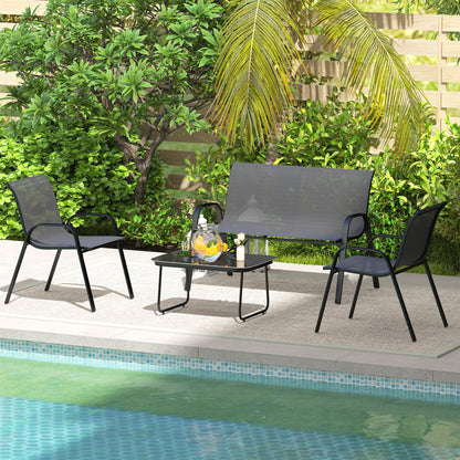 4-Piece Outdoor Garden Set with 2 Stackable Chairs, 2-Seater Sofa, and Coffee Table with Black Tempered Glass Top