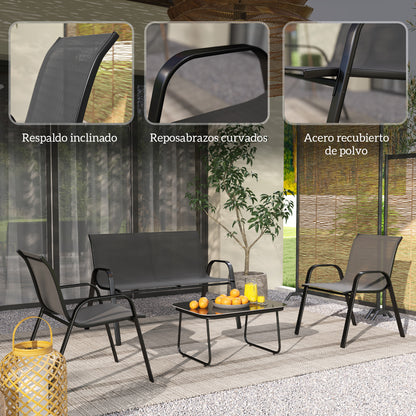 4-Piece Outdoor Garden Set with 2 Stackable Chairs, 2-Seater Sofa, and Coffee Table with Black Tempered Glass Top