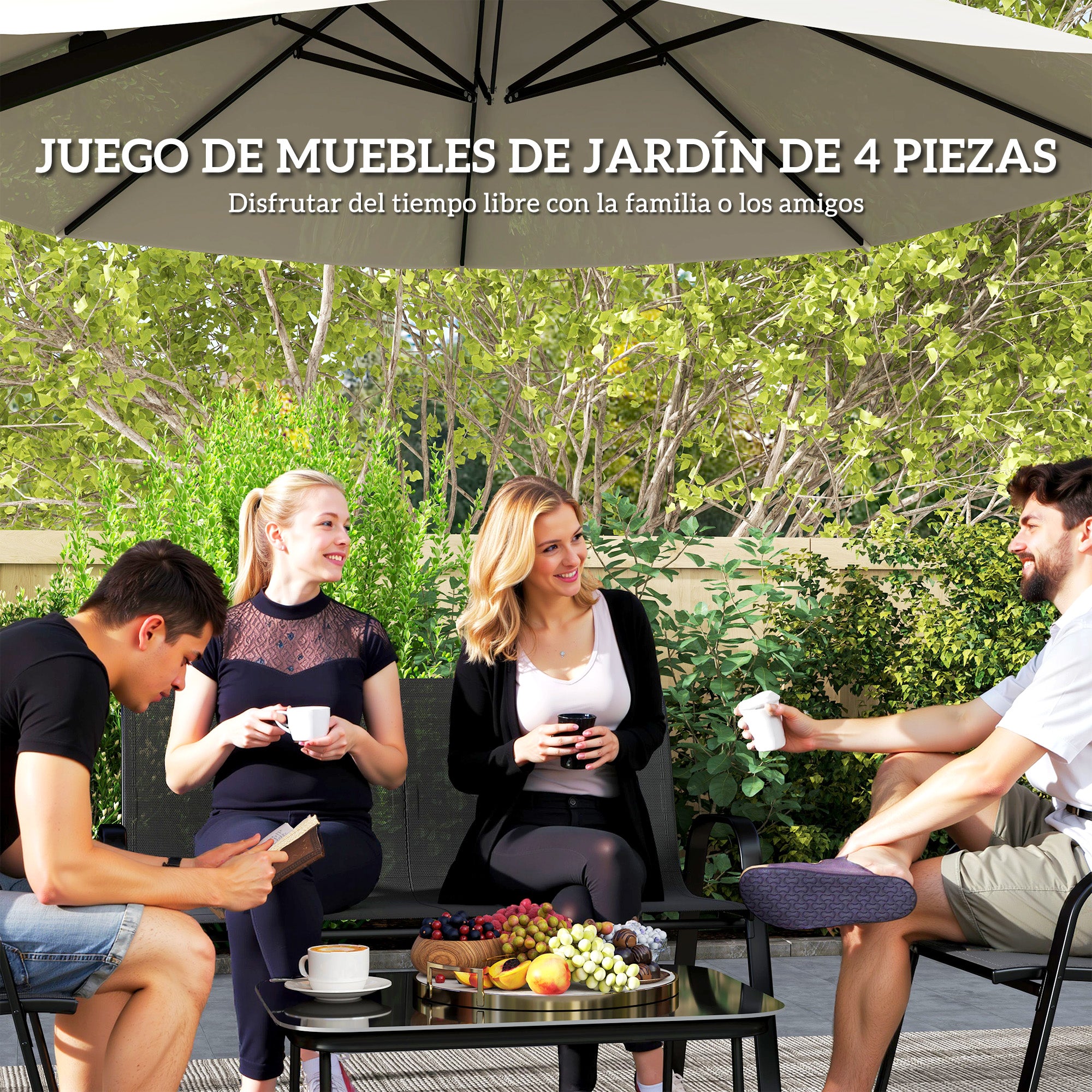 4-Piece Outdoor Garden Set with 2 Stackable Chairs, 2-Seater Sofa, and Coffee Table with Black Tempered Glass Top