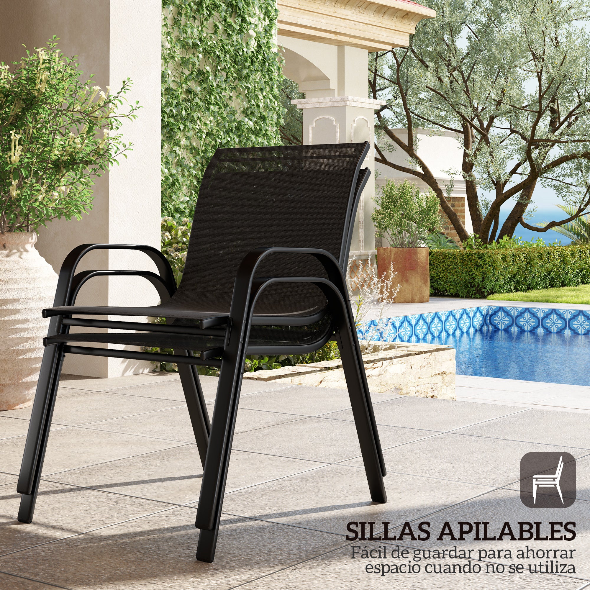 4-Piece Outdoor Garden Set with 2 Stackable Chairs, 2-Seater Sofa, and Coffee Table with Black Tempered Glass Top