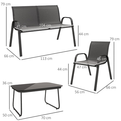 4-Piece Outdoor Garden Set with 2 Stackable Chairs, 2-Seater Sofa, and Coffee Table with Black Tempered Glass Top