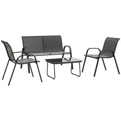 4-Piece Outdoor Garden Set with 2 Stackable Chairs, 2-Seater Sofa, and Coffee Table with Black Tempered Glass Top