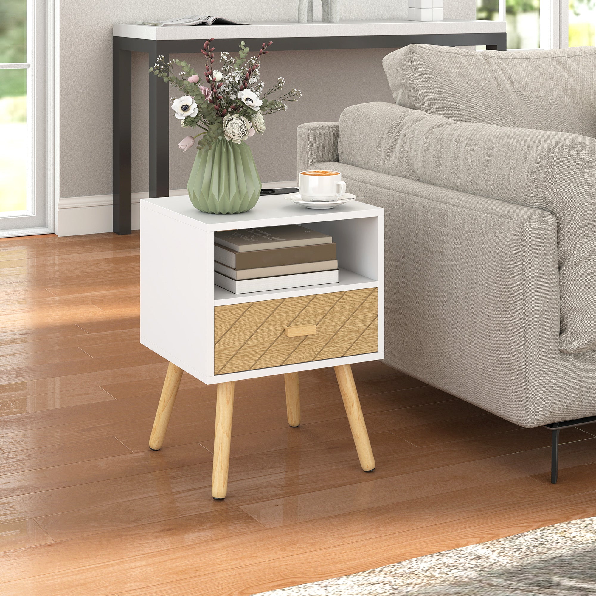 Nightstand with Charging Station, Drawer, 2 AC Outlets, USB & USB-C, Open Shelf, Pine Legs, White