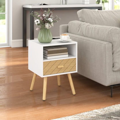 Nightstand with Charging Station, Drawer, 2 AC Outlets, USB & USB-C, Open Shelf, Pine Legs, White