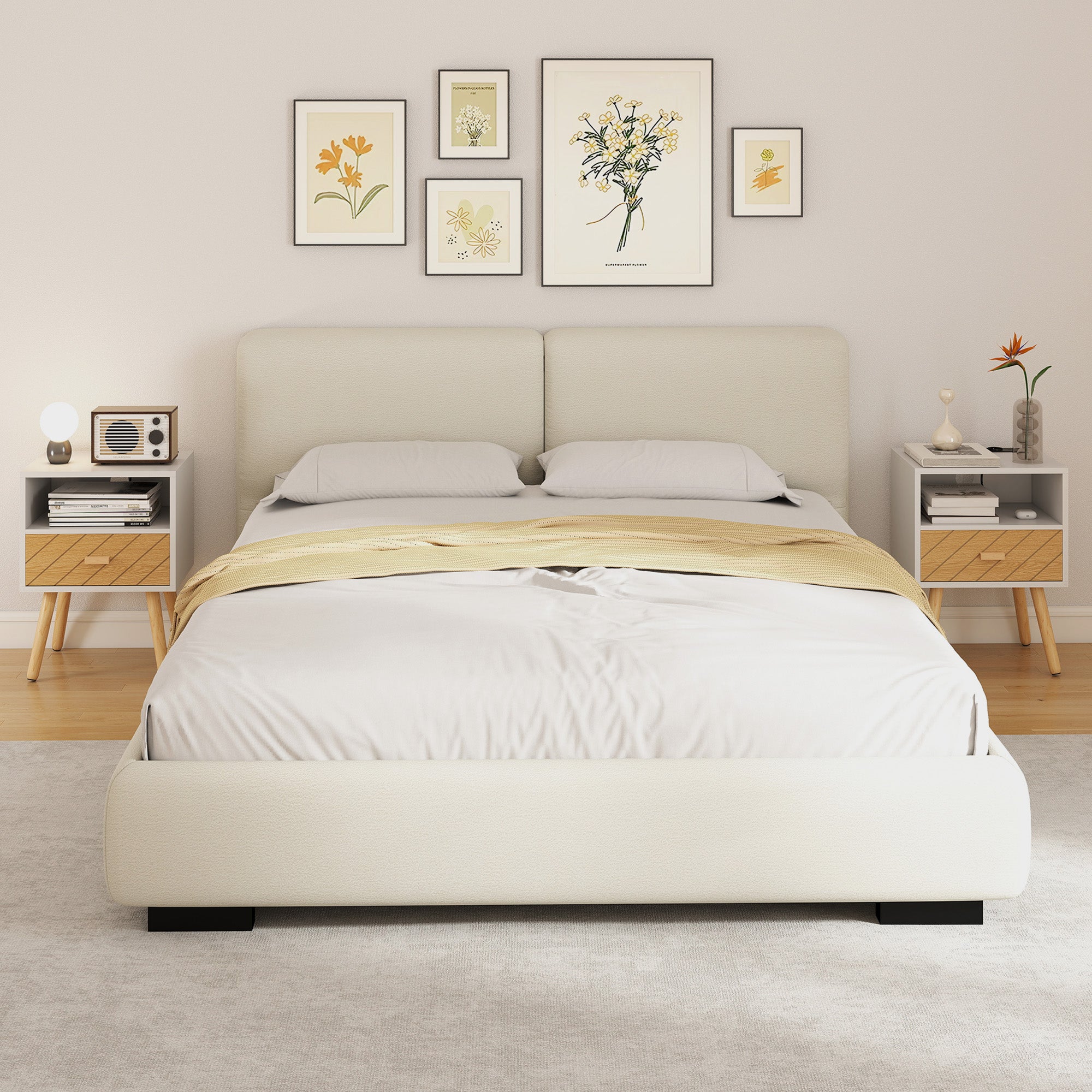 Nightstand with Charging Station, Drawer, 2 AC Outlets, USB & USB-C, Open Shelf, Pine Legs, White