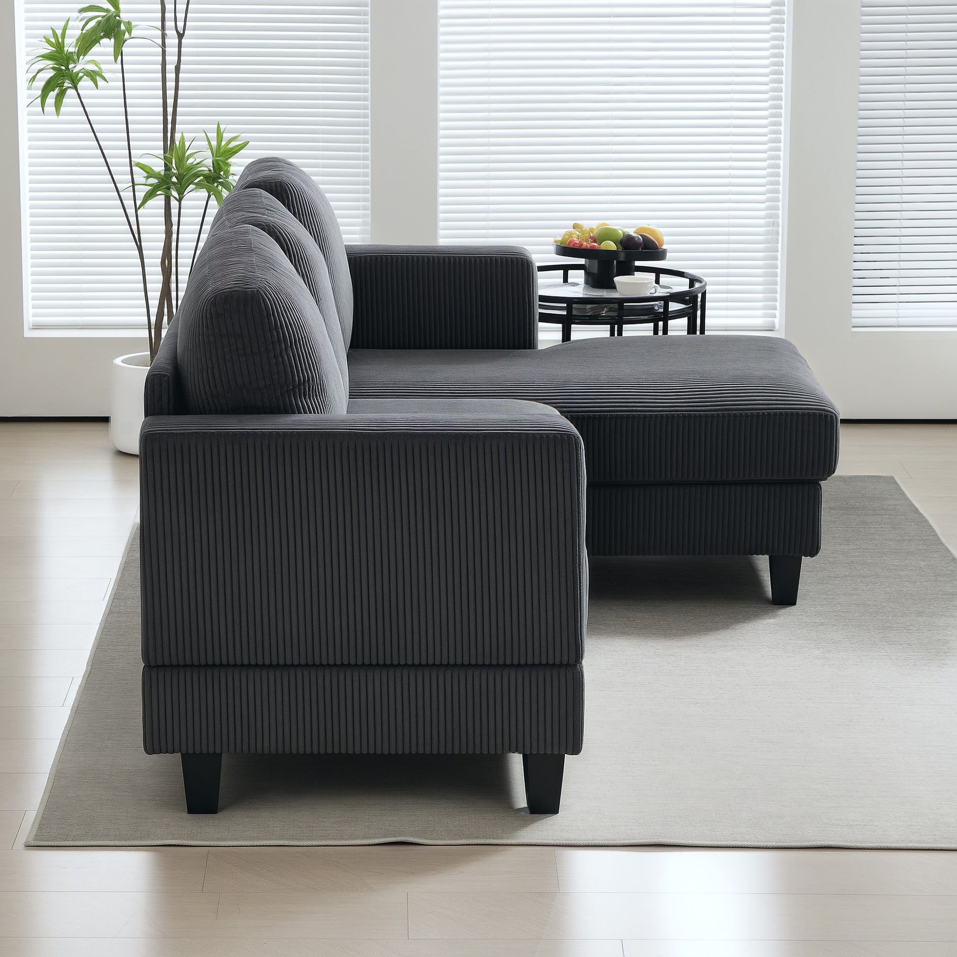 Corner Sofa Couch with Chaise Longue 3 Seater Sofa L Shape Upholstered Corner Couch with Corduroy Look, High Density Foam, up to 400 kg, for Living Room, Bedroom, 214 x 134 x 87 cm Dark Gray