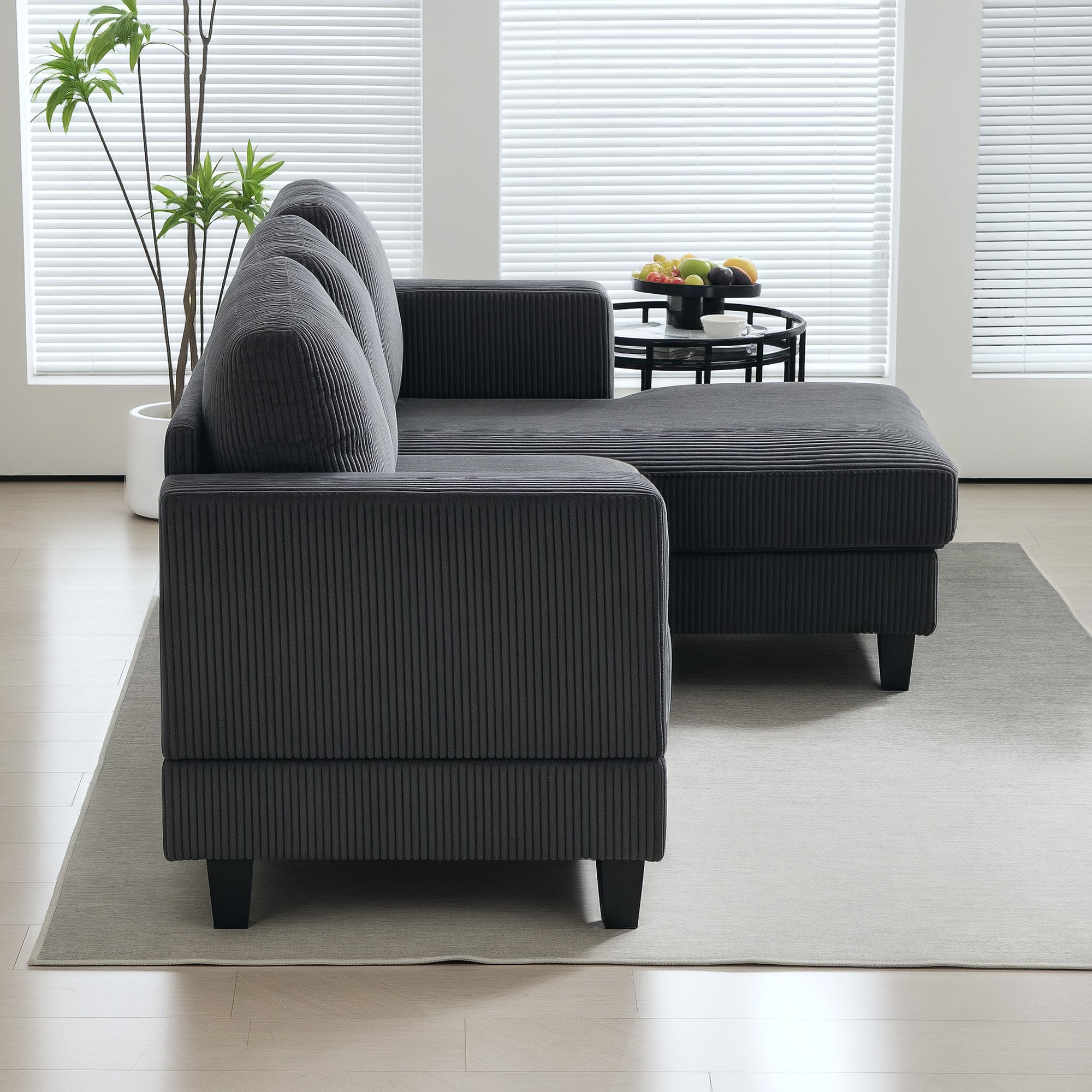 Corner Sofa Couch with Chaise Longue 3 Seater Sofa L Shape Upholstered Corner Couch with Corduroy Look, High Density Foam, up to 400 kg, for Living Room, Bedroom, 214 x 134 x 87 cm Dark Gray