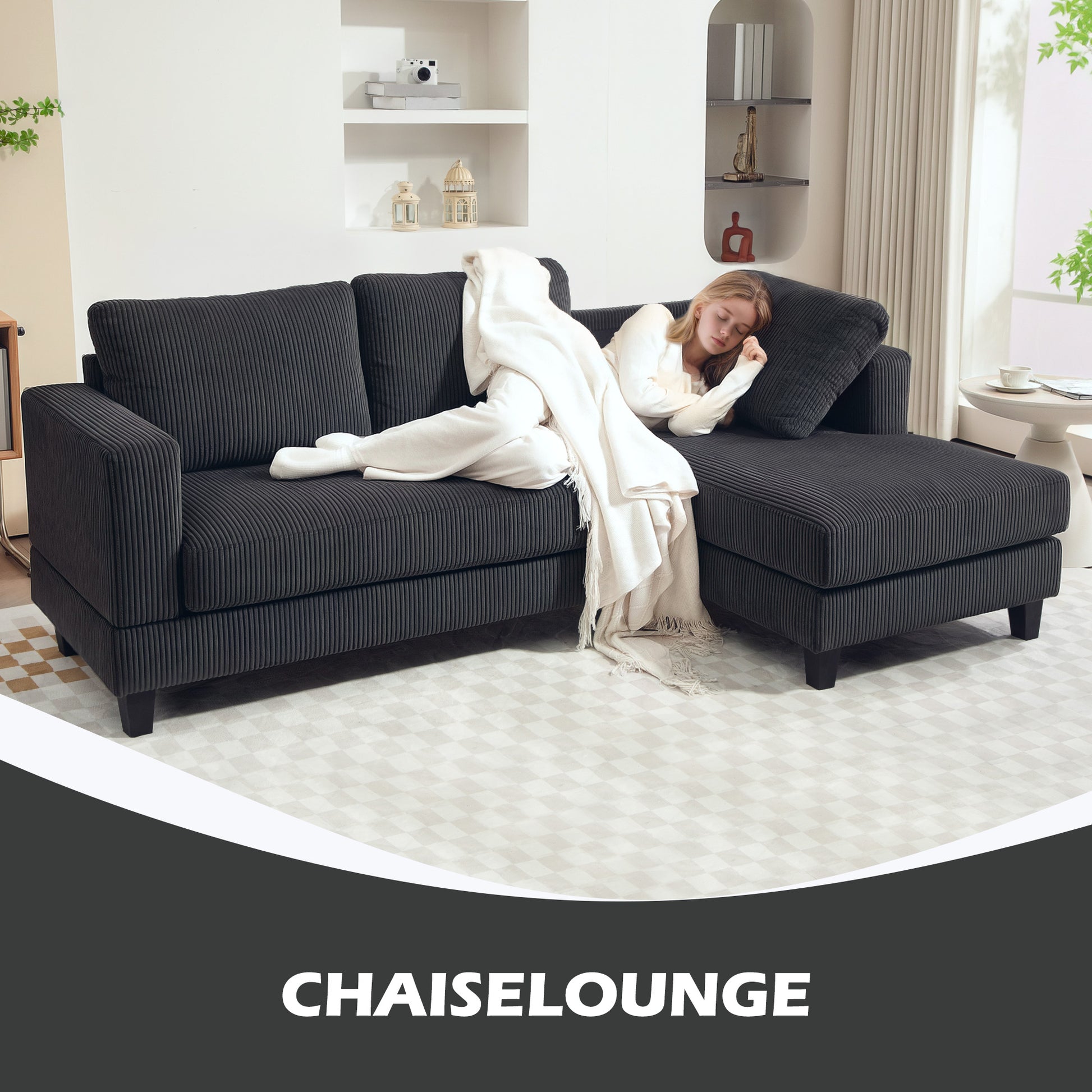 Corner Sofa Couch with Chaise Longue 3 Seater Sofa L Shape Upholstered Corner Couch with Corduroy Look, High Density Foam, up to 400 kg, for Living Room, Bedroom, 214 x 134 x 87 cm Dark Gray
