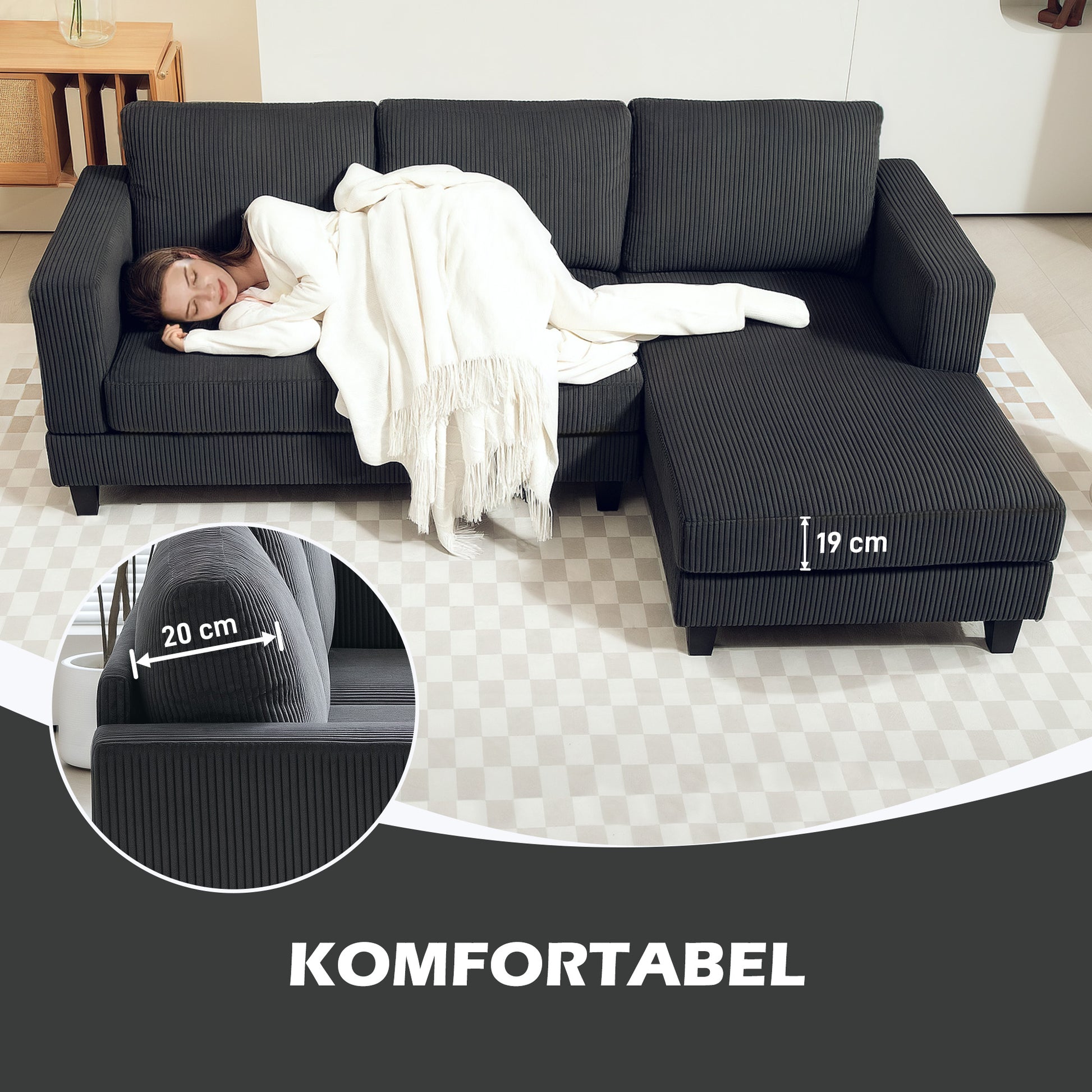 Corner Sofa Couch with Chaise Longue 3 Seater Sofa L Shape Upholstered Corner Couch with Corduroy Look, High Density Foam, up to 400 kg, for Living Room, Bedroom, 214 x 134 x 87 cm Dark Gray