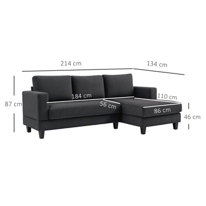 Corner Sofa Couch with Chaise Longue 3 Seater Sofa L Shape Upholstered Corner Couch with Corduroy Look, High Density Foam, up to 400 kg, for Living Room, Bedroom, 214 x 134 x 87 cm Dark Gray