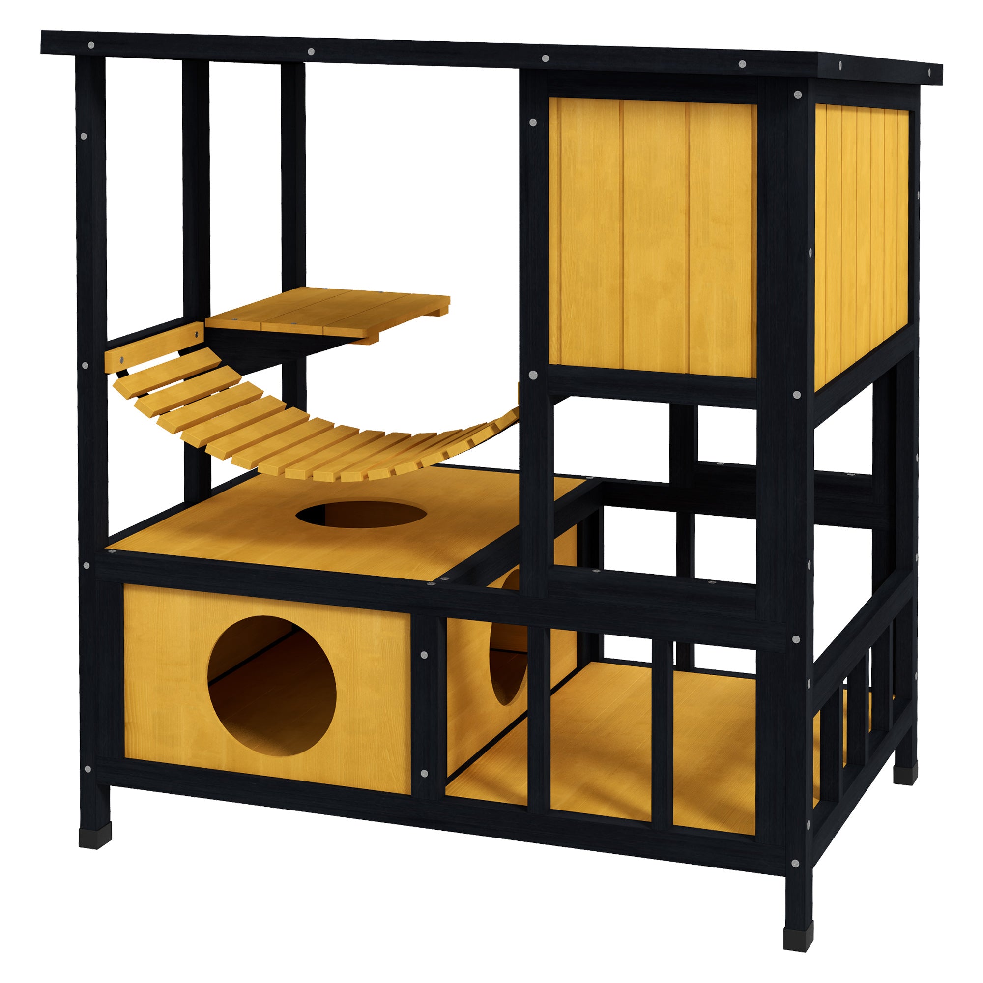 Wooden Cat House Outdoor Cat Cave Cat Villa, Wooden Hut for Cats Cat Hut with Suspension Bridge, Balcony, Platform, Water-Resistant Roof, for 1-2 Cats up to 5 kg, Yellow