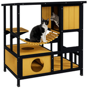 Wooden Cat House Outdoor Cat Cave Cat Villa, Wooden Hut for Cats Cat Hut with Suspension Bridge, Balcony, Platform, Water-Resistant Roof, for 1-2 Cats up to 5 kg, Yellow