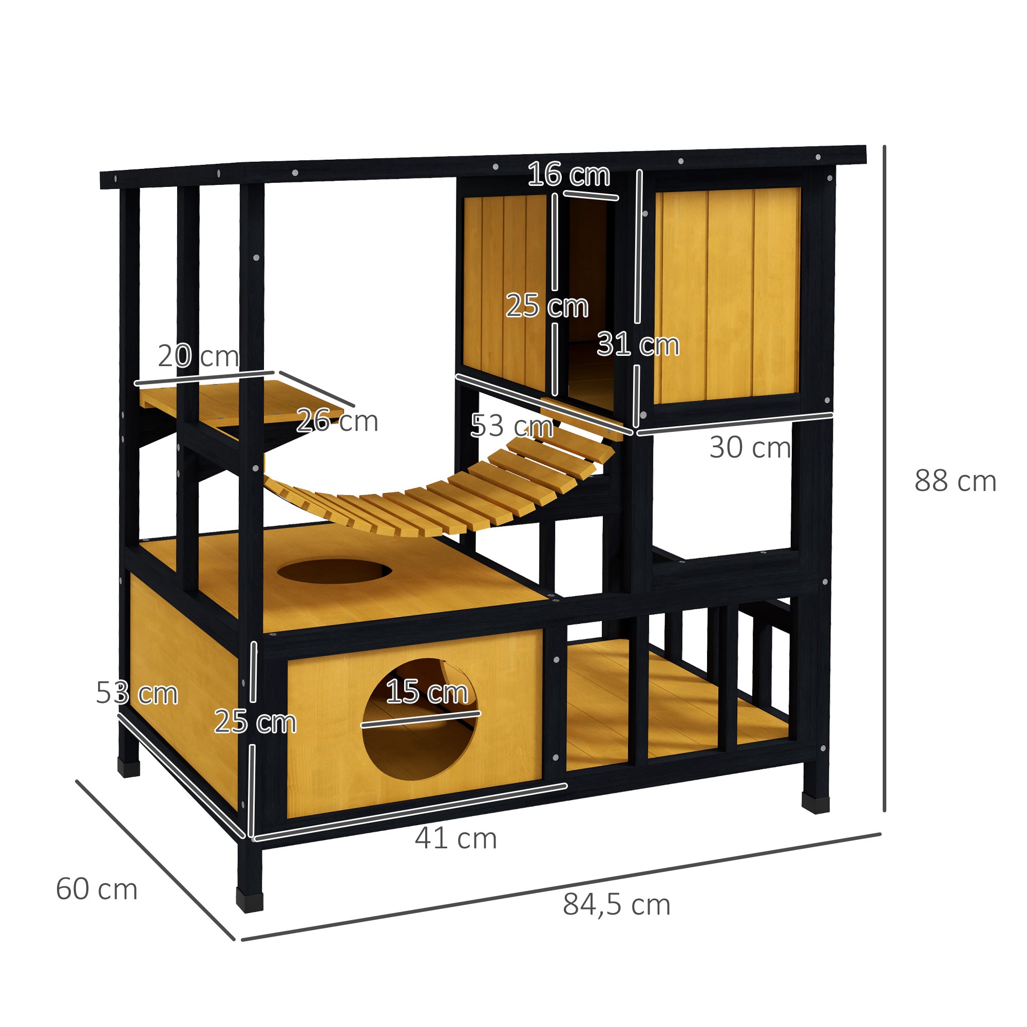 Wooden Cat House Outdoor Cat Cave Cat Villa, Wooden Hut for Cats Cat Hut with Suspension Bridge, Balcony, Platform, Water-Resistant Roof, for 1-2 Cats up to 5 kg, Yellow
