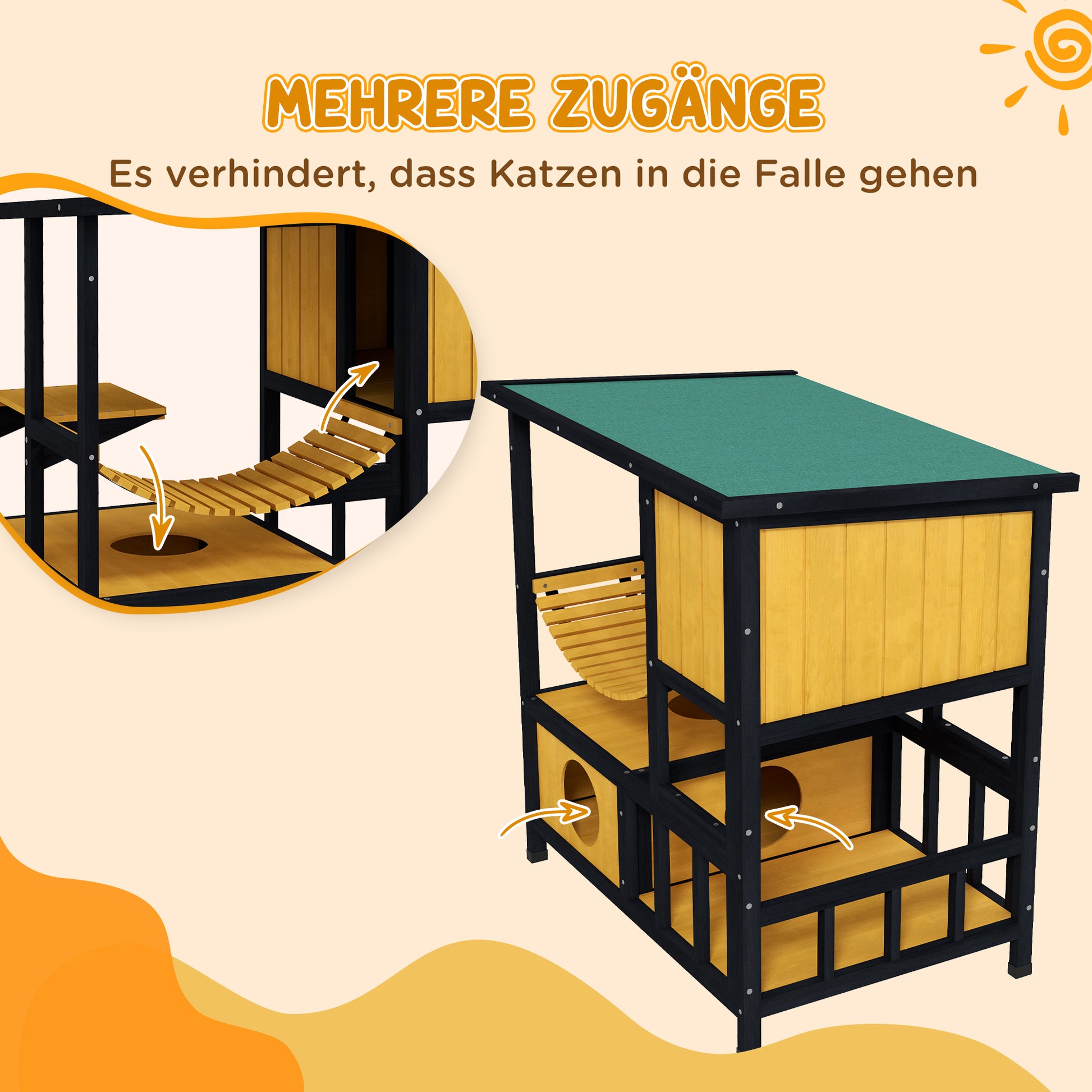 Wooden Cat House Outdoor Cat Cave Cat Villa, Wooden Hut for Cats Cat Hut with Suspension Bridge, Balcony, Platform, Water-Resistant Roof, for 1-2 Cats up to 5 kg, Yellow