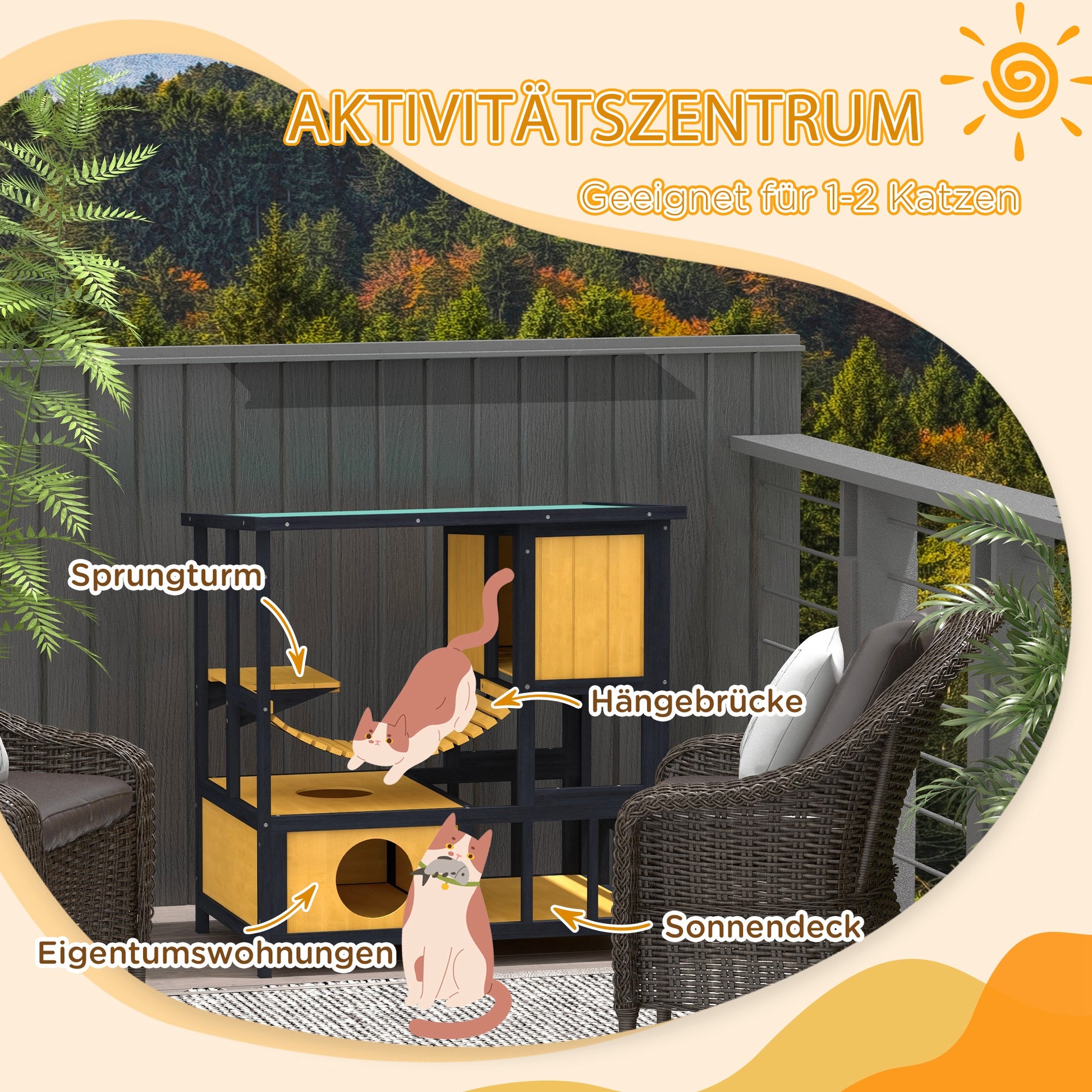 Wooden Cat House Outdoor Cat Cave Cat Villa, Wooden Hut for Cats Cat Hut with Suspension Bridge, Balcony, Platform, Water-Resistant Roof, for 1-2 Cats up to 5 kg, Yellow