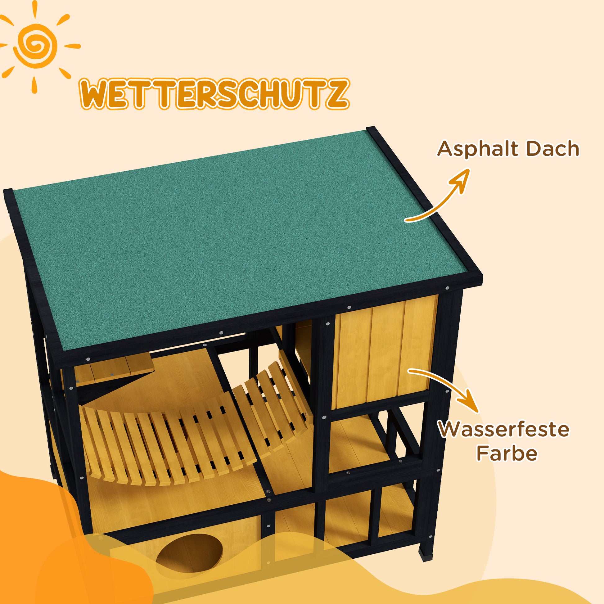 Wooden Cat House Outdoor Cat Cave Cat Villa, Wooden Hut for Cats Cat Hut with Suspension Bridge, Balcony, Platform, Water-Resistant Roof, for 1-2 Cats up to 5 kg, Yellow