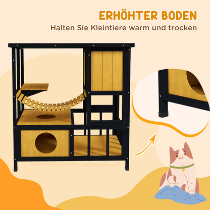 Wooden Cat House Outdoor Cat Cave Cat Villa, Wooden Hut for Cats Cat Hut with Suspension Bridge, Balcony, Platform, Water-Resistant Roof, for 1-2 Cats up to 5 kg, Yellow