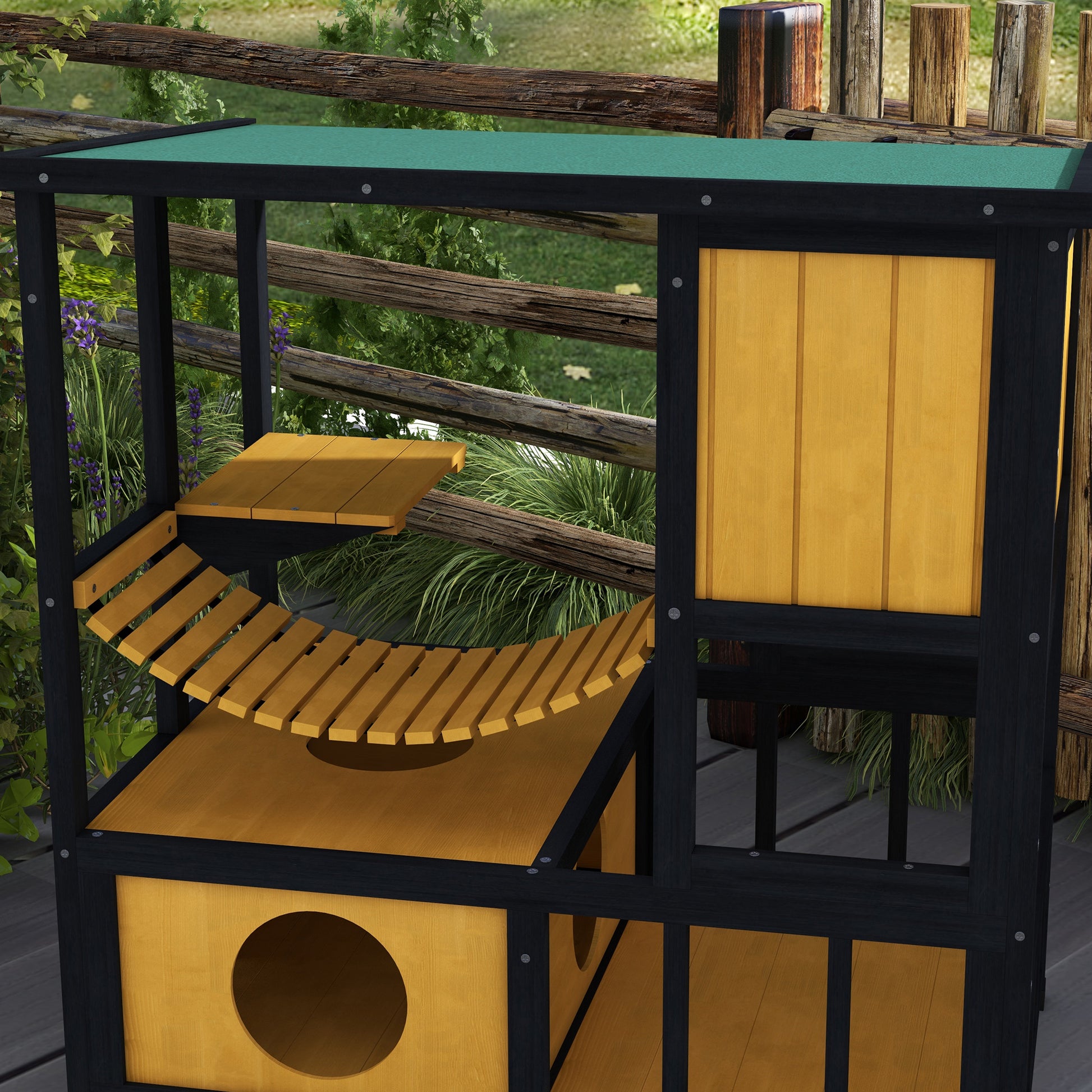 Wooden Cat House Outdoor Cat Cave Cat Villa, Wooden Hut for Cats Cat Hut with Suspension Bridge, Balcony, Platform, Water-Resistant Roof, for 1-2 Cats up to 5 kg, Yellow