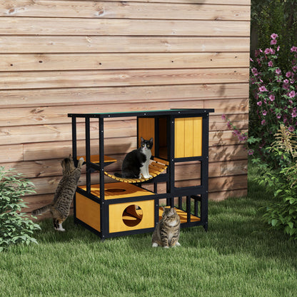 Wooden Cat House Outdoor Cat Cave Cat Villa, Wooden Hut for Cats Cat Hut with Suspension Bridge, Balcony, Platform, Water-Resistant Roof, for 1-2 Cats up to 5 kg, Yellow
