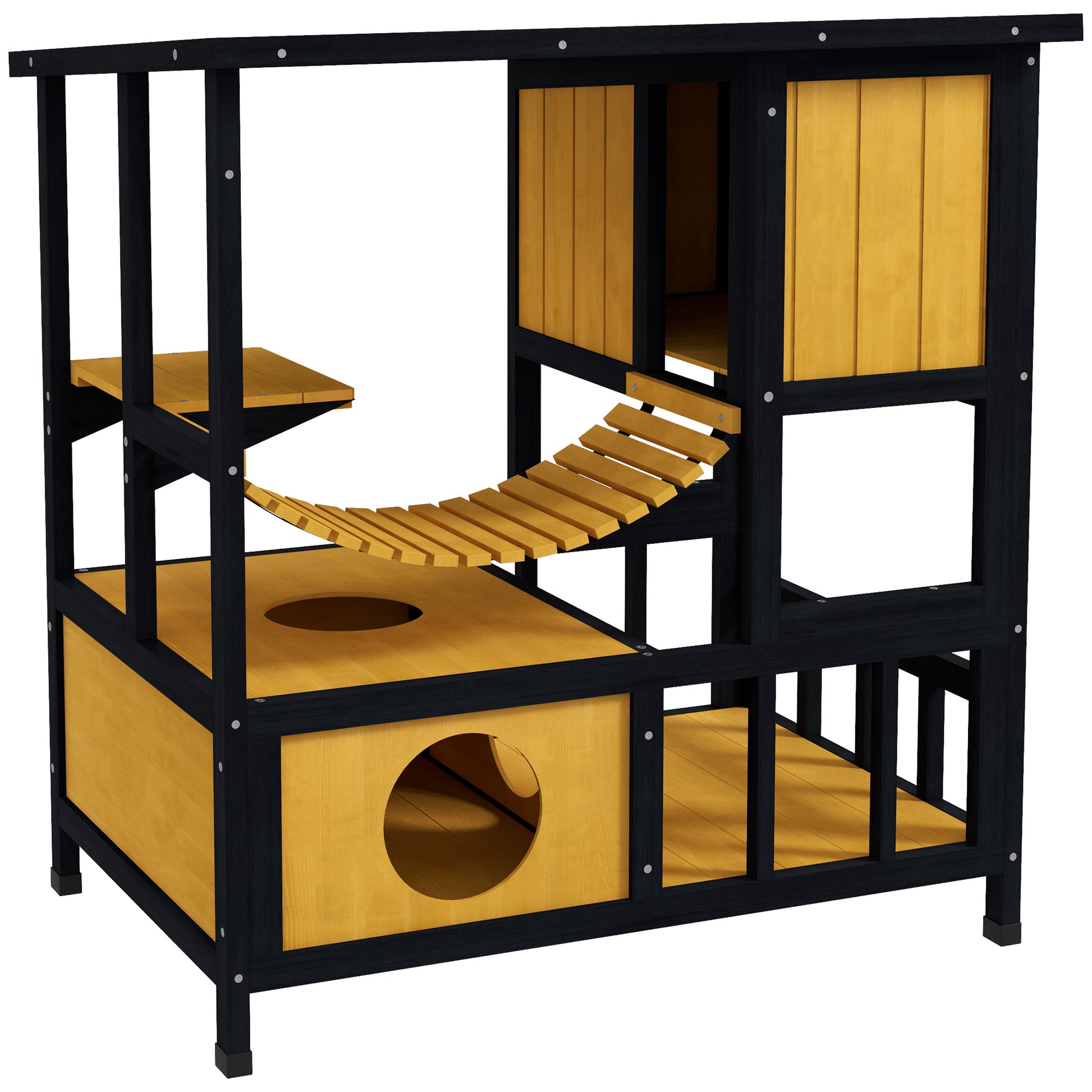 Wooden Cat House Outdoor Cat Cave Cat Villa, Wooden Hut for Cats Cat Hut with Suspension Bridge, Balcony, Platform, Water-Resistant Roof, for 1-2 Cats up to 5 kg, Yellow