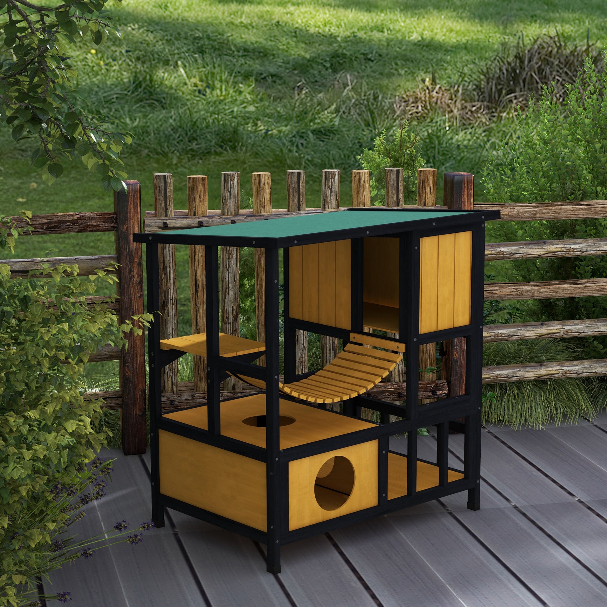 Wooden Cat House Outdoor Cat Cave Cat Villa, Wooden Hut for Cats Cat Hut with Suspension Bridge, Balcony, Platform, Water-Resistant Roof, for 1-2 Cats up to 5 kg, Yellow