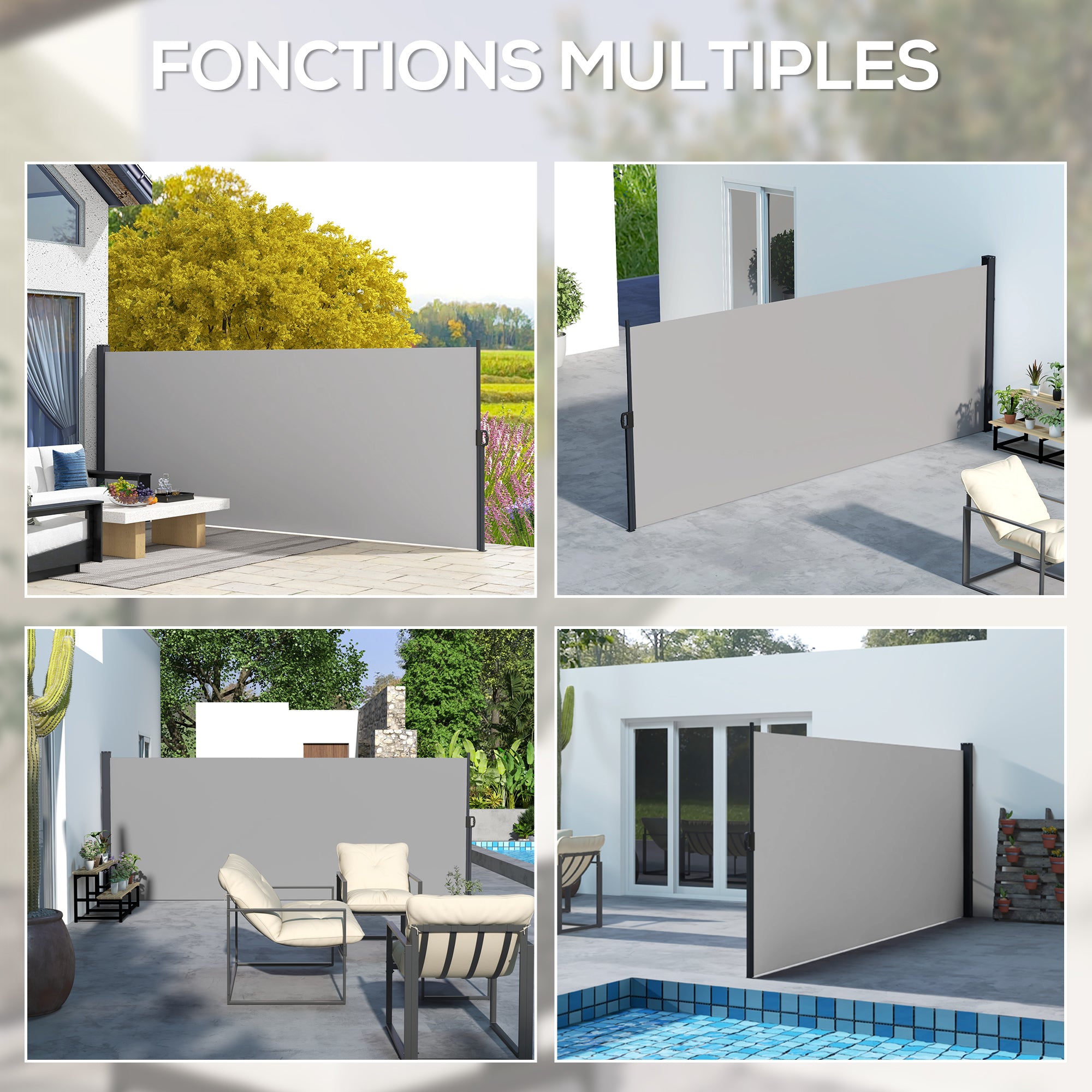 Retractable Garden Side Awning Windbreak Screen 4L x 1.60H m Aluminium Polyester UV-resistant High density 180 g/m² Light Grey