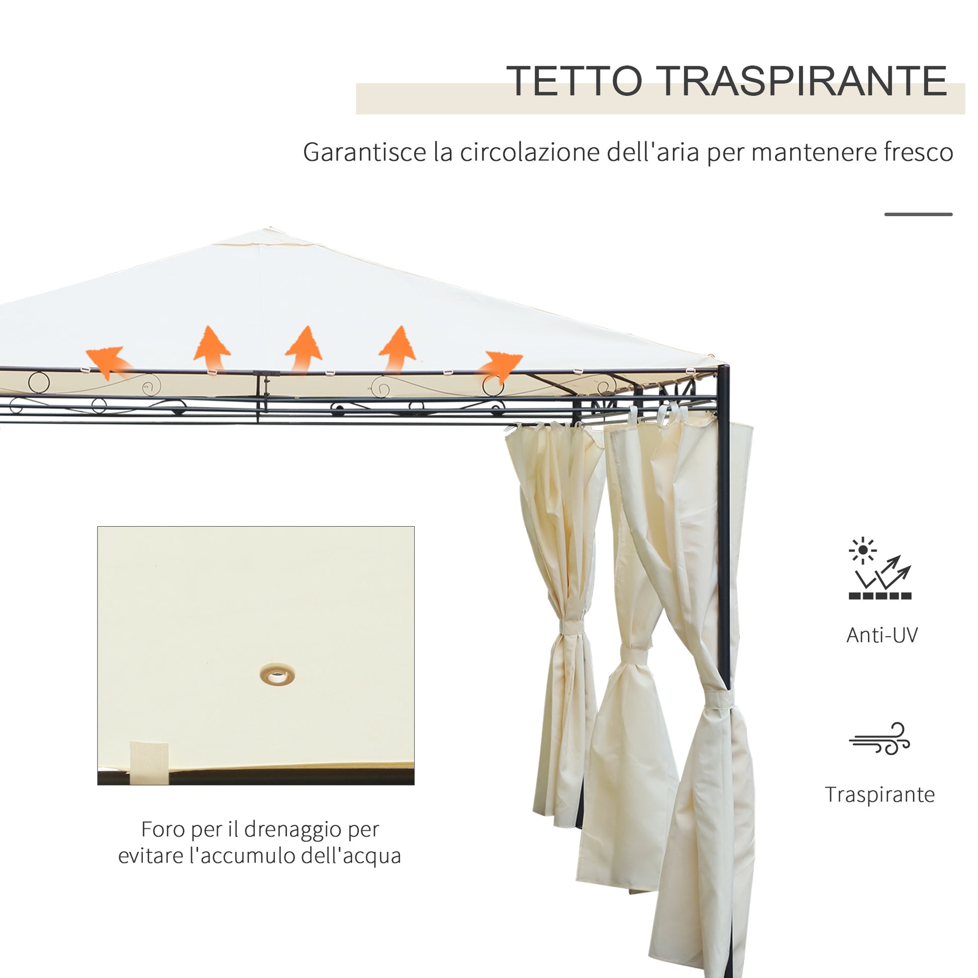 Garden Gazebo 4x3m with 6 Removable Polyester Anti-UV Walls, Cream