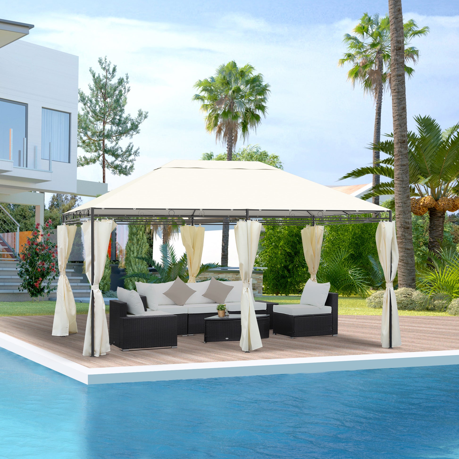 Garden Gazebo 4x3m with 6 Removable Polyester Anti-UV Walls, Cream