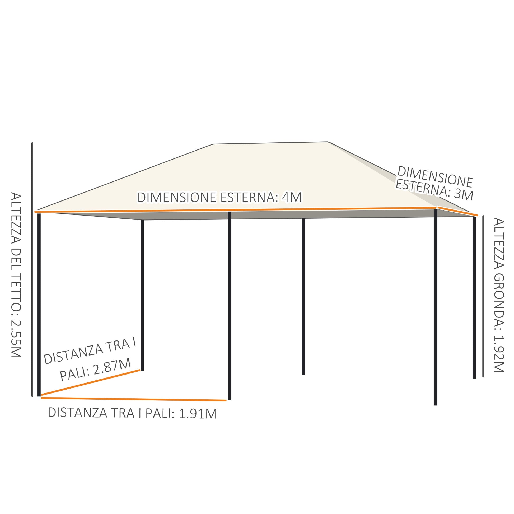 Garden Gazebo 4x3m with 6 Removable Polyester Anti-UV Walls, Cream